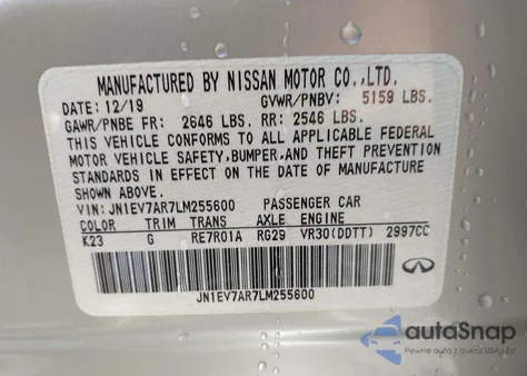 2020 Infiniti Q50 Luxe Awd из США, поврежденный, VIN JN1EV7AR7LM255600